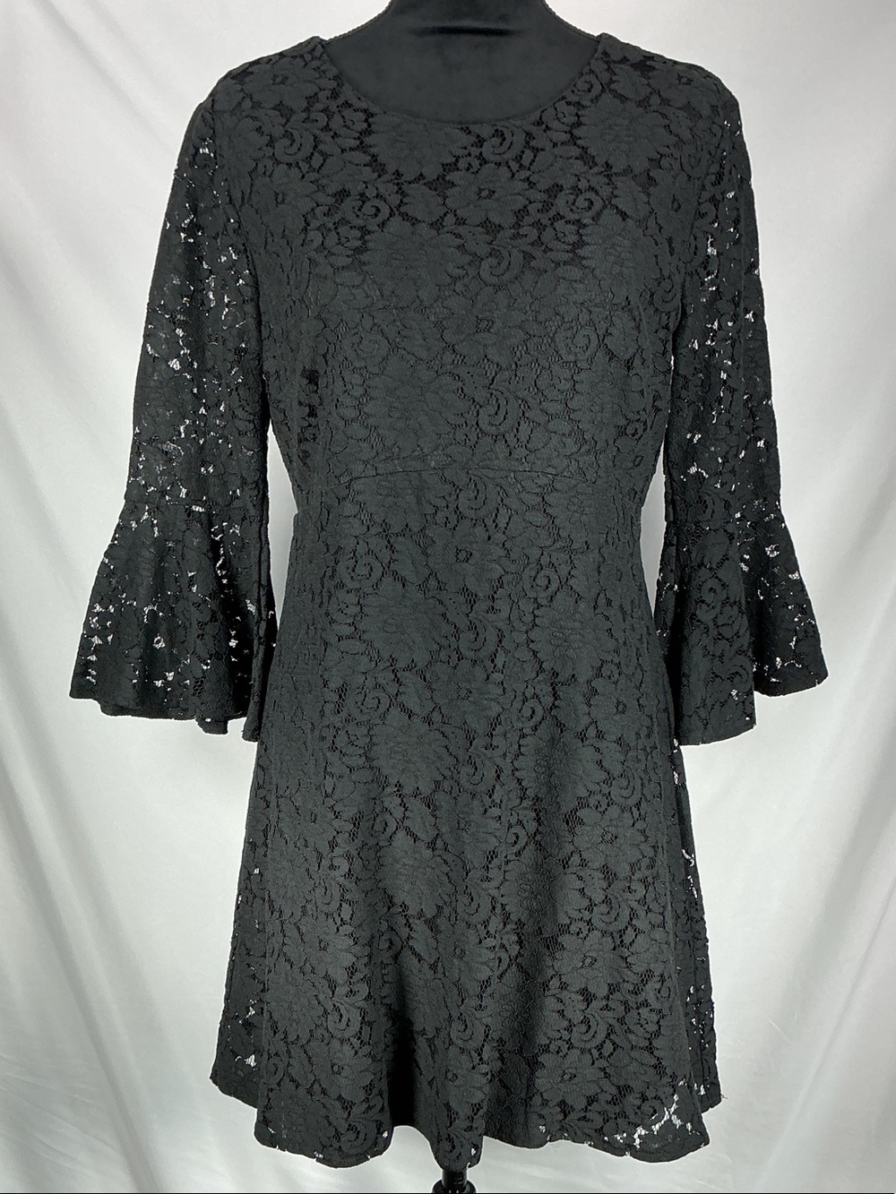 LULUS Women's Large Black Lace Bell Sleeve Mini Dress A-Line Cocktail Party